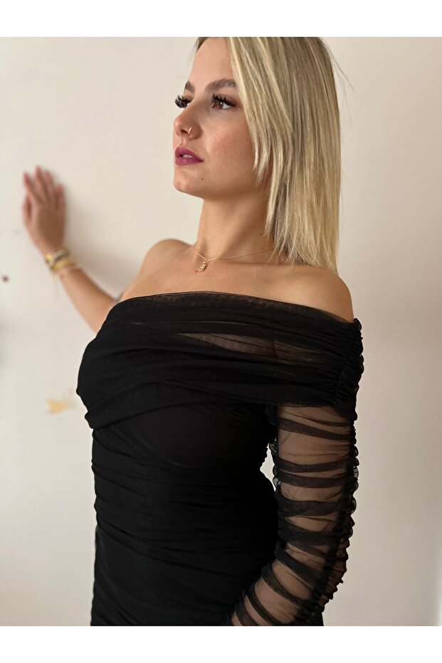 Siyah Tek Kol Drapeli Elbise - 5