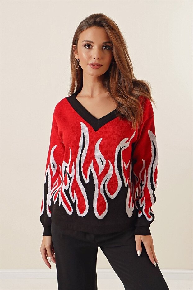 سترة بنمط اللهب برقبة على شكل حرف V - 2