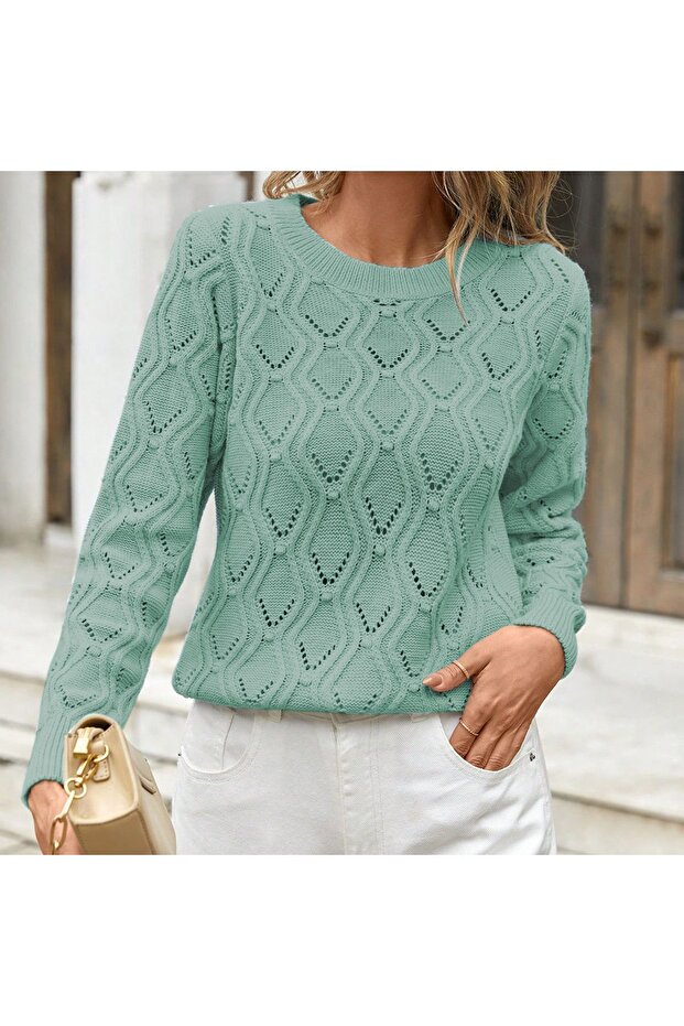 Mint Colored Crew Neck Openwork Sweater - Execution Pattern - 1