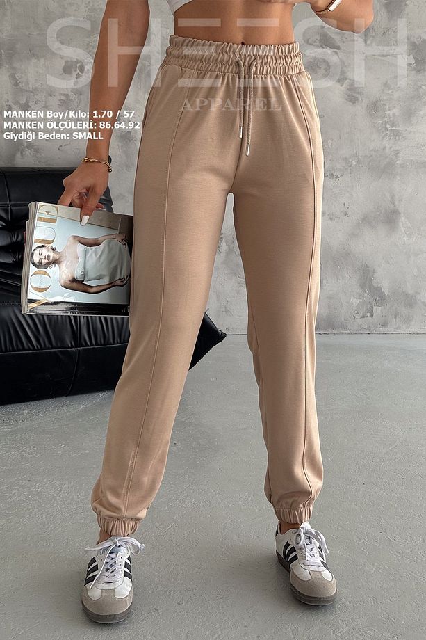 Yumuşak Dokulu Modal Camel Önden Dikişli Bel Ve Paça Lastikli Jogger Pantolon Eşofman Altı - 4