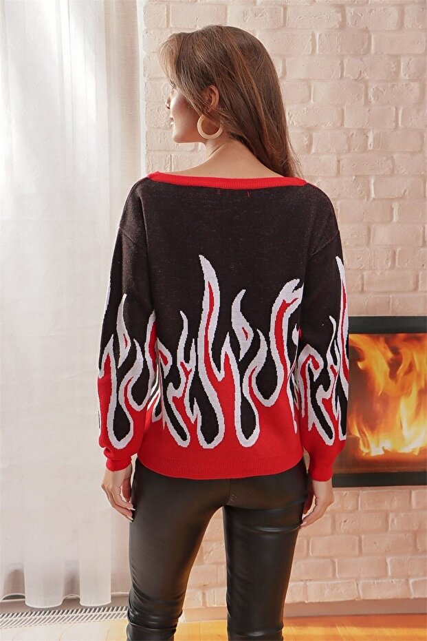 V-neck Flame Patterned Sweater - 3