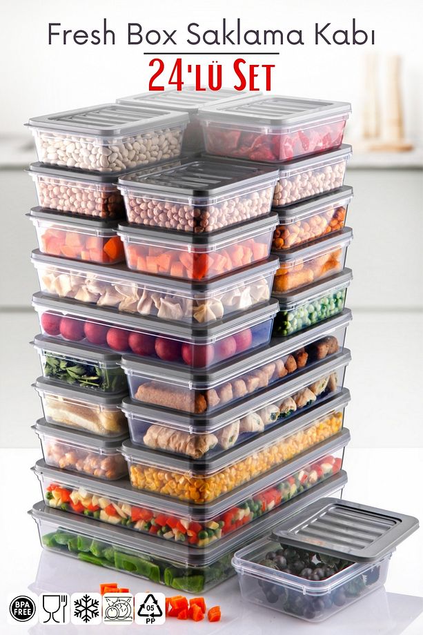 24'lü Set Freshbox Mikrodalga Ve Difrize Uygun Saklama Kabı Gri - 1