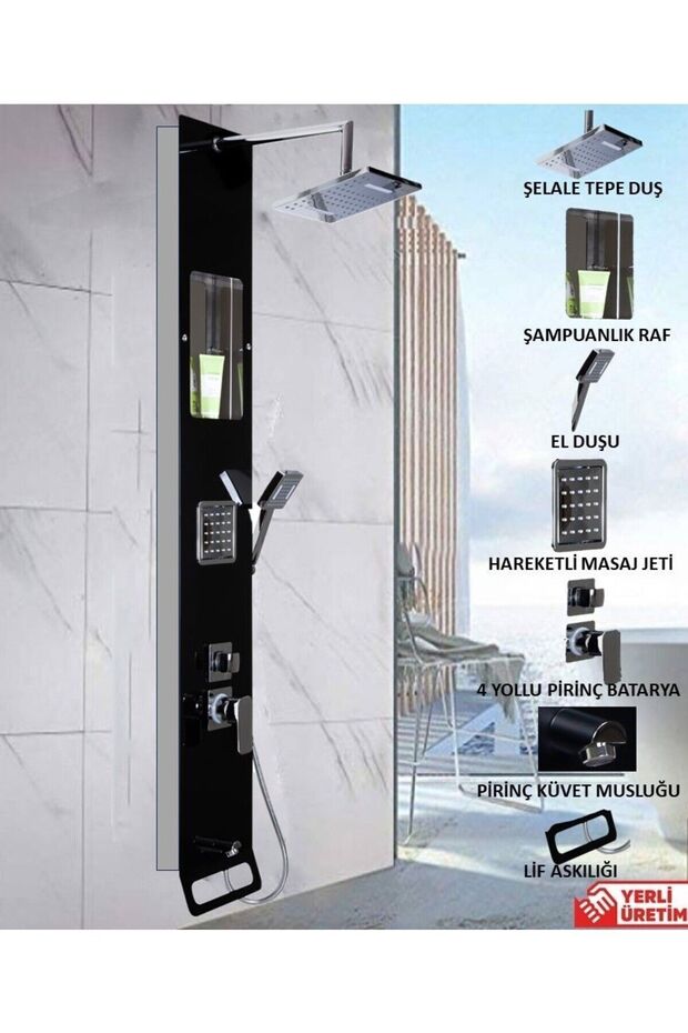Sam Lena Siyah Duş Paneli, Raflı Duş, Robot Duş, Duş Seti, Masajlı Duş, - 1