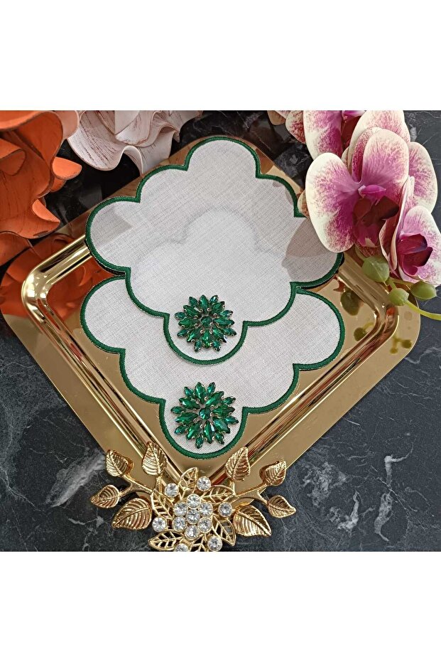 Fleur De Pierre (TAŞ ÇİÇEK) Zümrüt Yeşili Kahve Yanı Kokteyl Peçetesi Leke Tutmayan Kumaş 2 Adet - 1