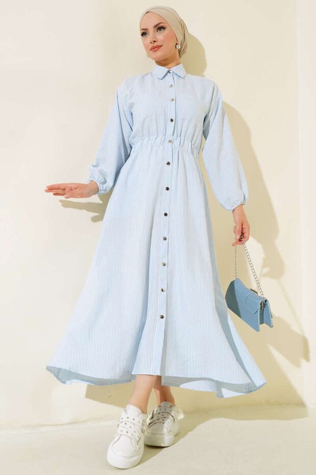 Full-Length Metal Buttoned Striped Modest Dress
