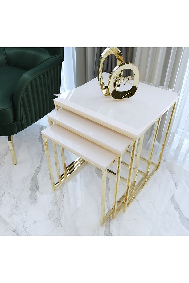 Duru 3'lü Kare Zigon Sehpa Seti Gold Ayak, Krem Mdf - 3