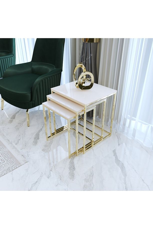 Duru 3'lü Kare Zigon Sehpa Seti Gold Ayak, Krem Mdf - 1