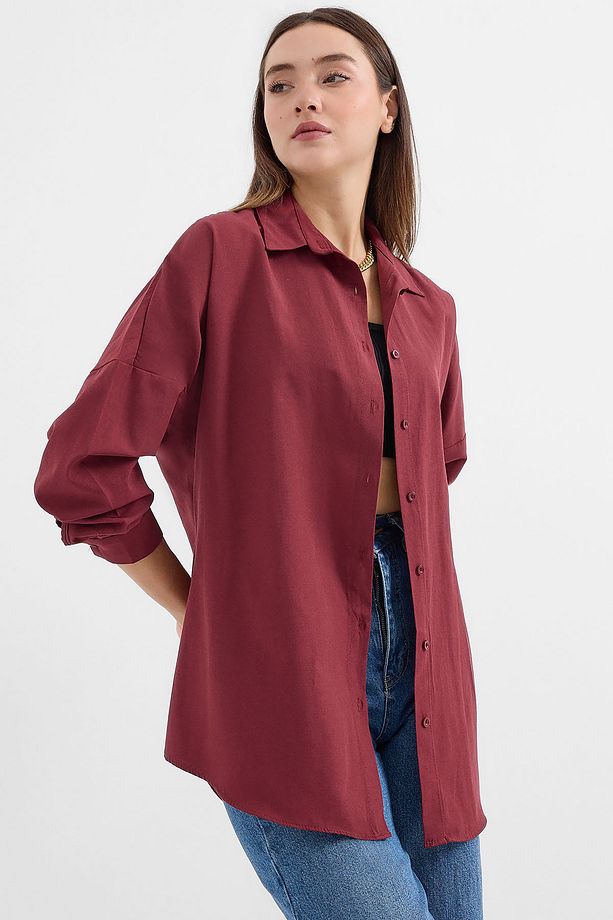 3900 Oversize Uzun Basic Gömlek - Mürdüm - 3