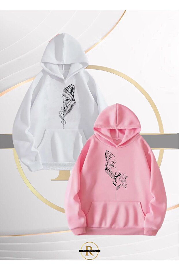 New Season Wolf Couple Printed 3 Yarn Oversized Hooded 2 Piece Sweatshirt Set - Lover Combination