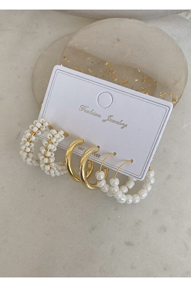 Crystal sand bead ring off-white set of 3 earrings