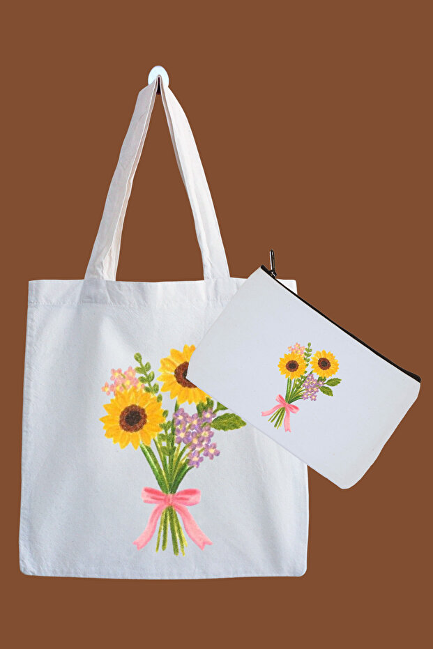 Yellow Daisy Flower Patterned Cloth Bag and Pen Holder Set