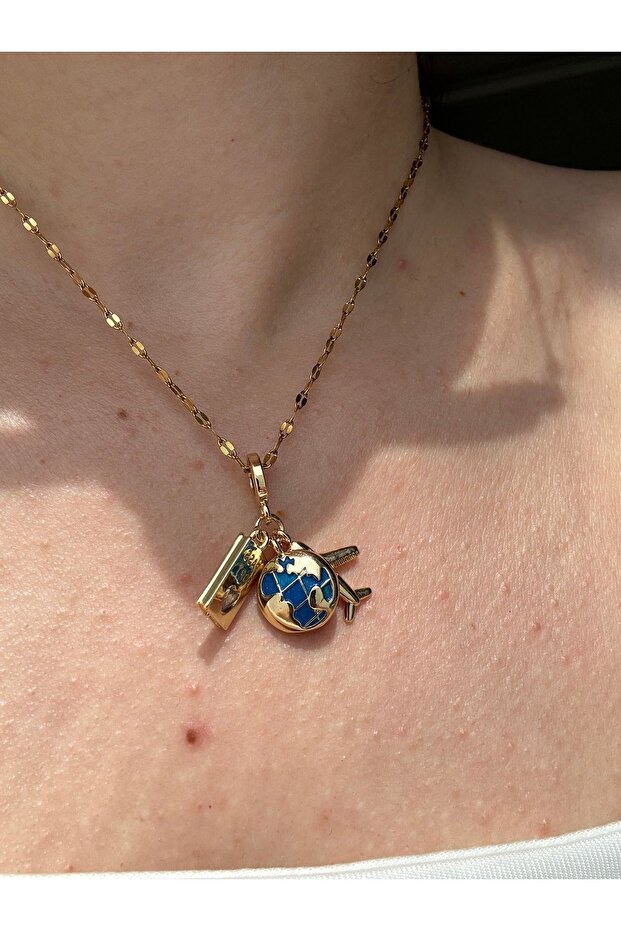 Gold 3 Charm Passport Steel Necklace