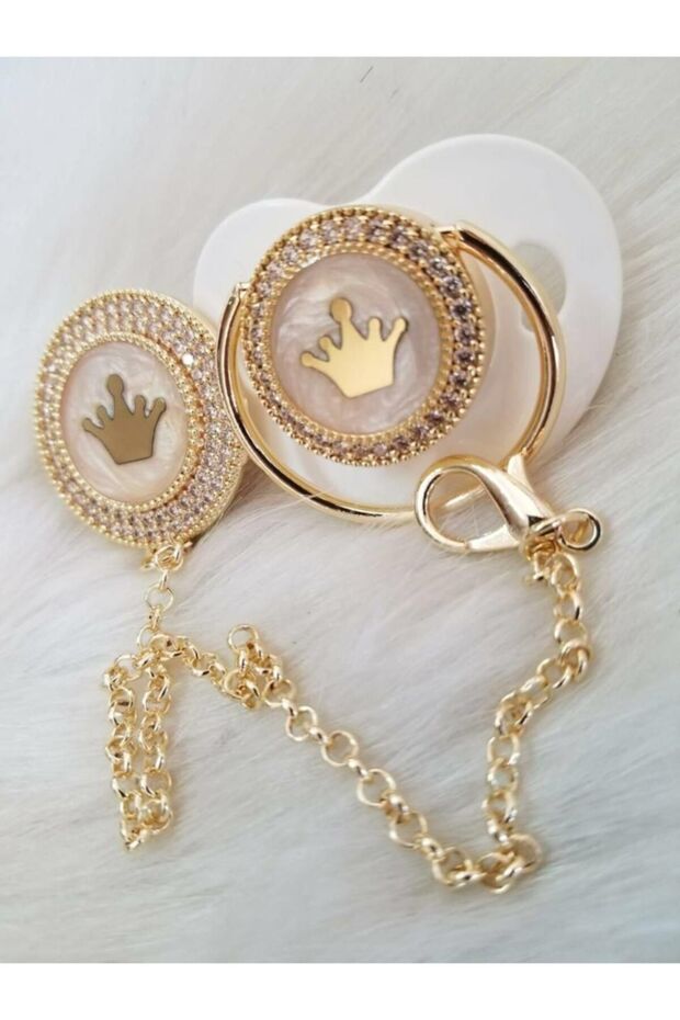 Special Design Luxury Crystal Stoned Queen Princess Crowned White Gold Baby Pacifier Strap Set Boxed