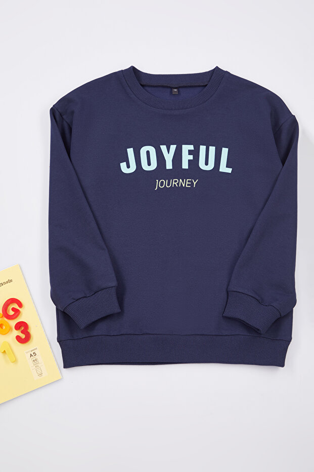 Lacivert Erkek Çocuk Slogan Baskılı Bisiklet Yaka Örme Sweatshirt TKDAW25SW00031 - 1