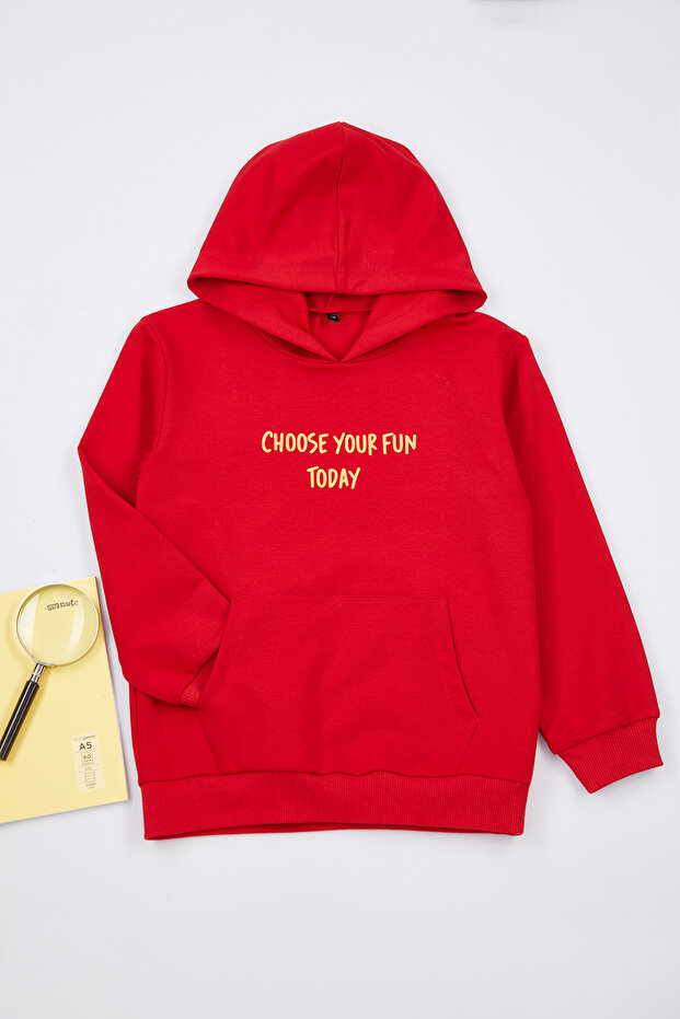 Kırmızı Erkek Çocuk Slogan Desenli Kapüşonlu Örme Sweatshirt TKDAW25SW00038 - 1