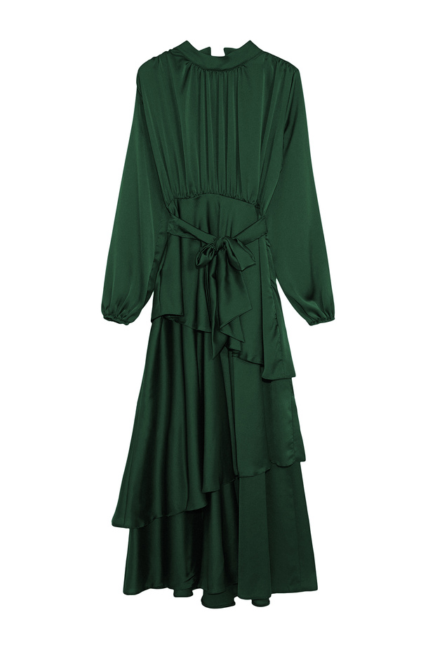 Sötétzöld smaragd réteges szatén szőtt estélyi ruha / estélyi ruha - 6