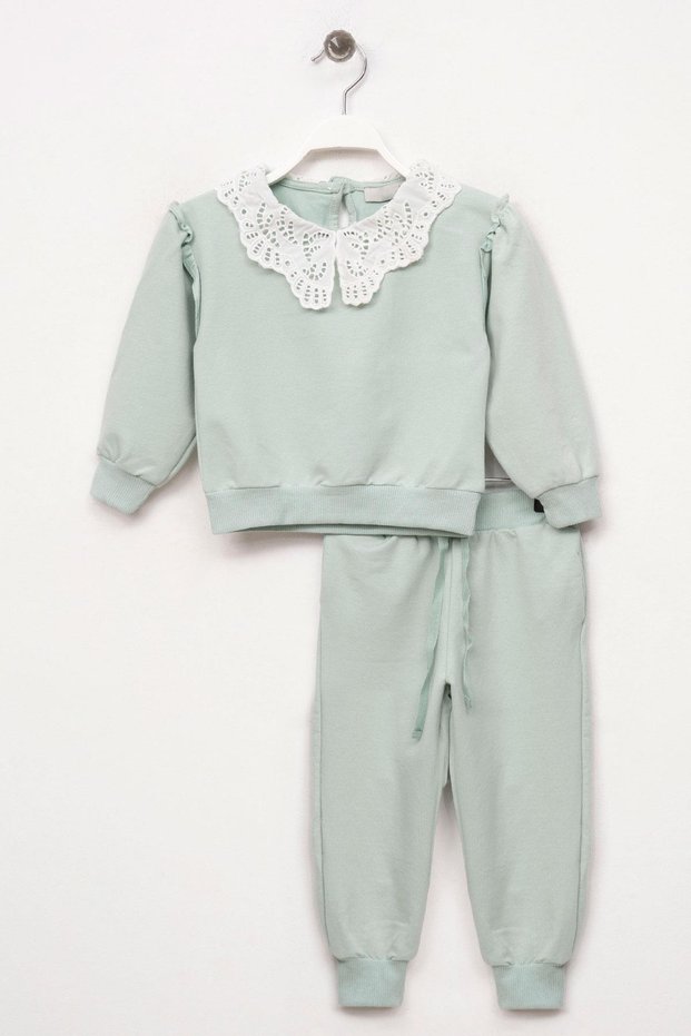 Baby Collar Long Sleeve Baby Collar Lace Shoulder Ruffle Mint Color Girl's Tracksuit Set