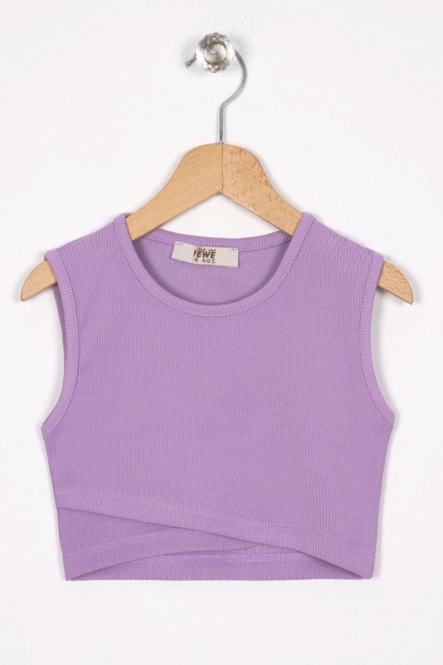 Crew Neck Zero Sleeve Cross Waist Detailed Lilac Color Girl's T-Shirt