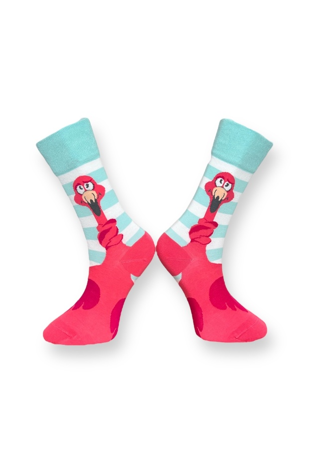 3'lü Renkli Siyah Flamingo Desenli Unisex Esnek Nem Alabilen Pamuklu Soket Çoraplar - 5