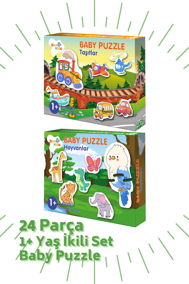Baby Puzzle Set of 2 24 Pieces, 1 Year Old, Animals and Vehicles