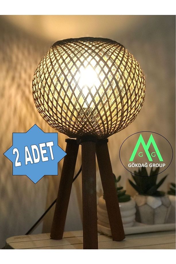 2 ADET Ahşap Üç Ayaklı Abajur Jüt Top Başlıklı Aydınlatma - 1