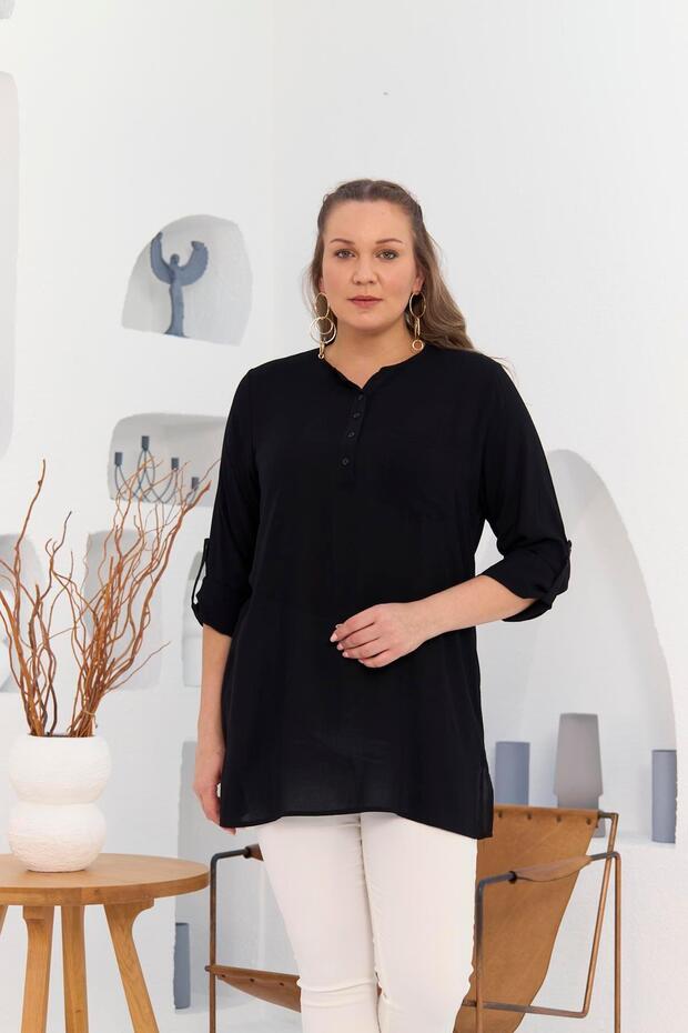 Voile Viscose Slit Detailed Large Size Black Tunic with Pocket and Sleeve Details
