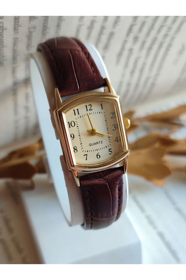 Bitter Brown Leather Corded Gold Case Women's Wristwatch