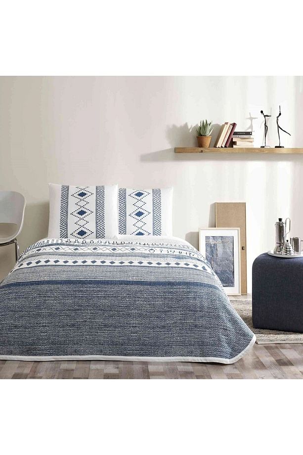 Baskılı Oriel Tek Kişilik Pike Takımı Mavi - 2