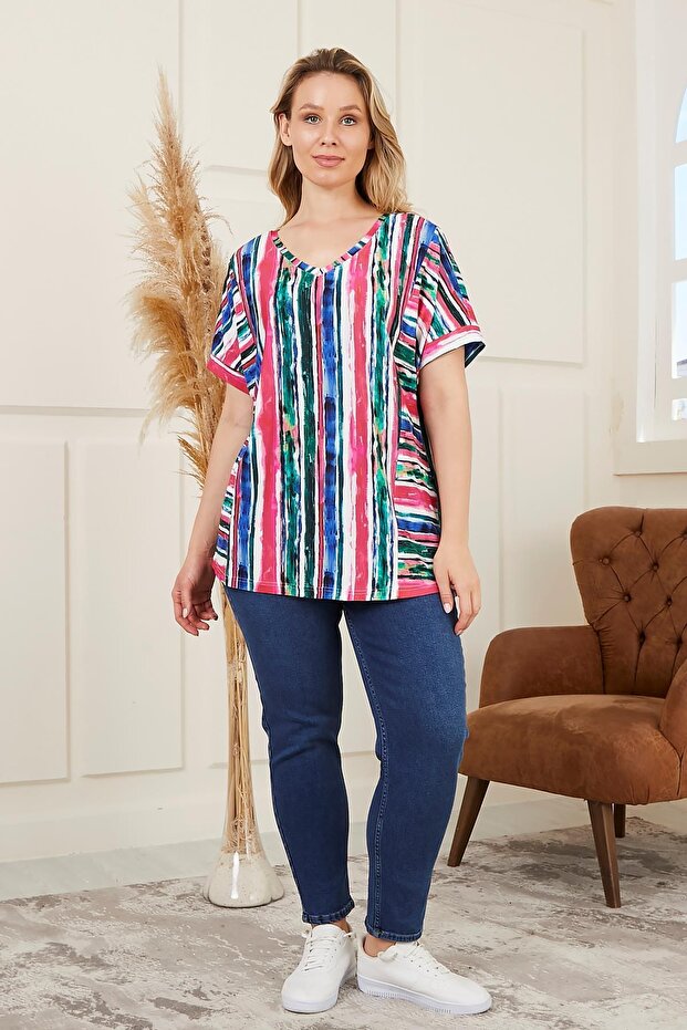 Φούξια ριγέ μπλούζα Plus Size - 5