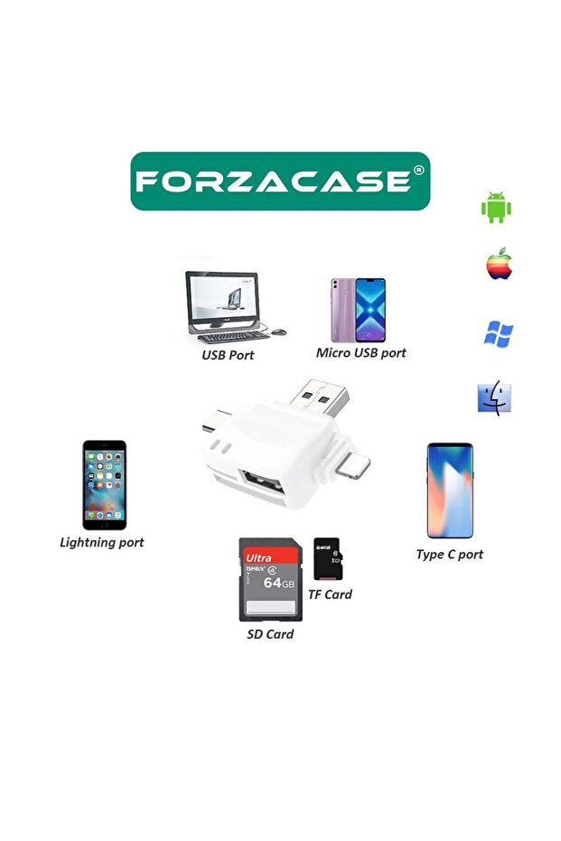 USB Type-C Lightning to 6 in 1 OTG USB ve SD / MicroSD Hafıza Kart Okuyucu - FC196 - 2
