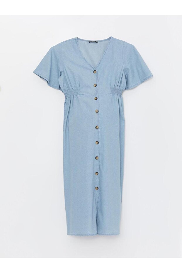 Medium Indigo Rodeo V-Neck Straight Short Sleeve Maternity Jean Dress