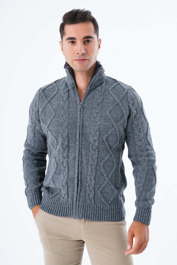Men's Dark Gray Fur Collar Hair Knitting Technique Zipper Pocket Wool Knitwear Knitted Cardigan Trist-5329