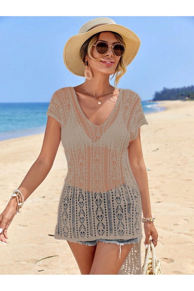 Mesh Detailed Front and Back V-Neck Long Sleeveless Pareo Beige Knitwear Beach Dress Blouse