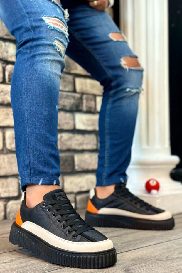 Men's Black Orange Lace-Up Parachute Fabric Style Shoes Daily Sports High Sole Stylish Comfortable Sneakers