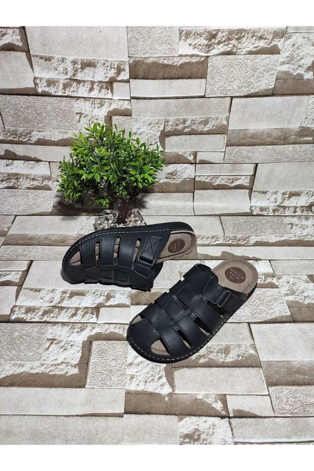 Closed-toe orthopedic soft sole velcro men's slippers - black