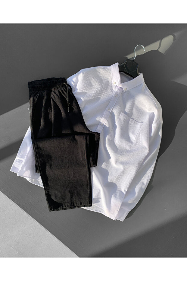 Oversize Linen White Shirt Black Trousers Set