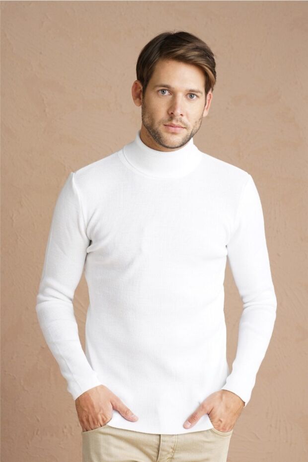 Men's White Plain Turtleneck Knitwear Sweater-trz1406r11s