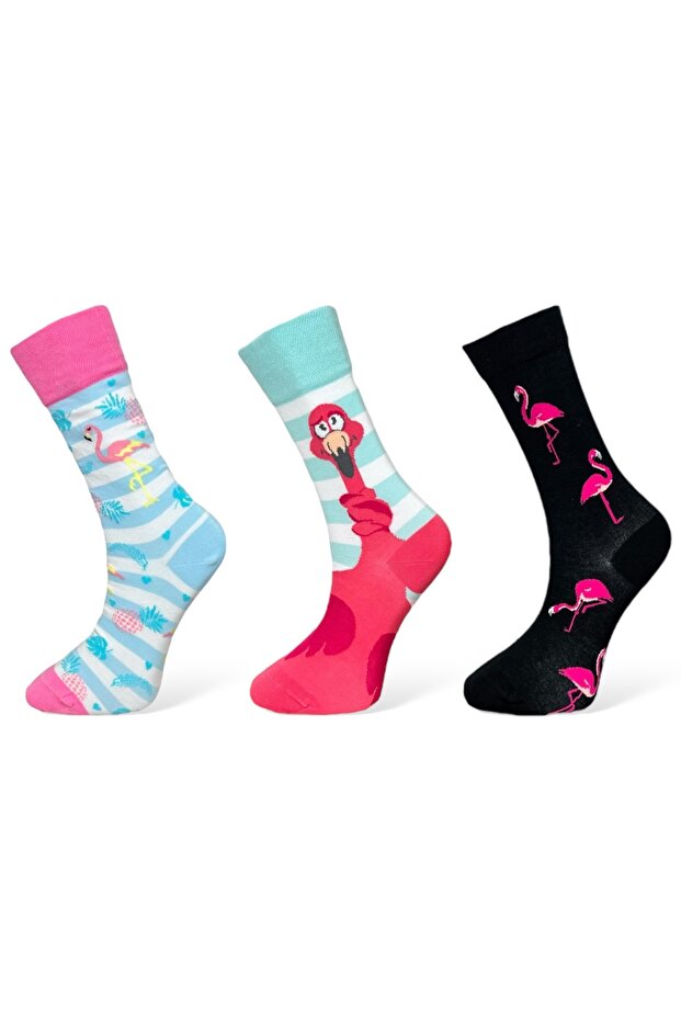 3'lü Renkli Siyah Flamingo Desenli Unisex Esnek Nem Alabilen Pamuklu Soket Çoraplar - 1
