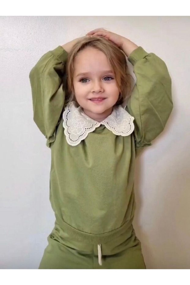 Olive Green Brode Baby Collar 100% Cotton Oversize Girl's Top and Bottom Set Tracksuit Set