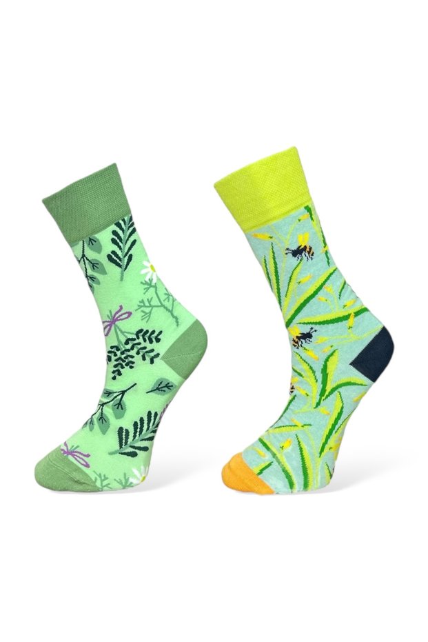 Green Floral Patterned Unisex Cotton Flexible Socks - Set of 2