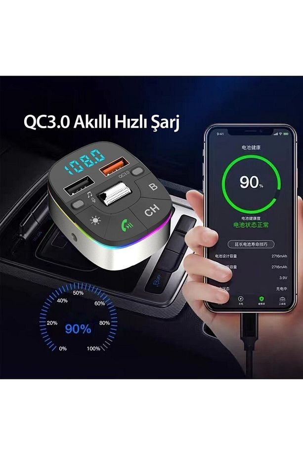 Bluetooth Usb3.0 Hızlı Şarj Fm Transmitter Araç Çakmaklık Şarj Aleti - 4