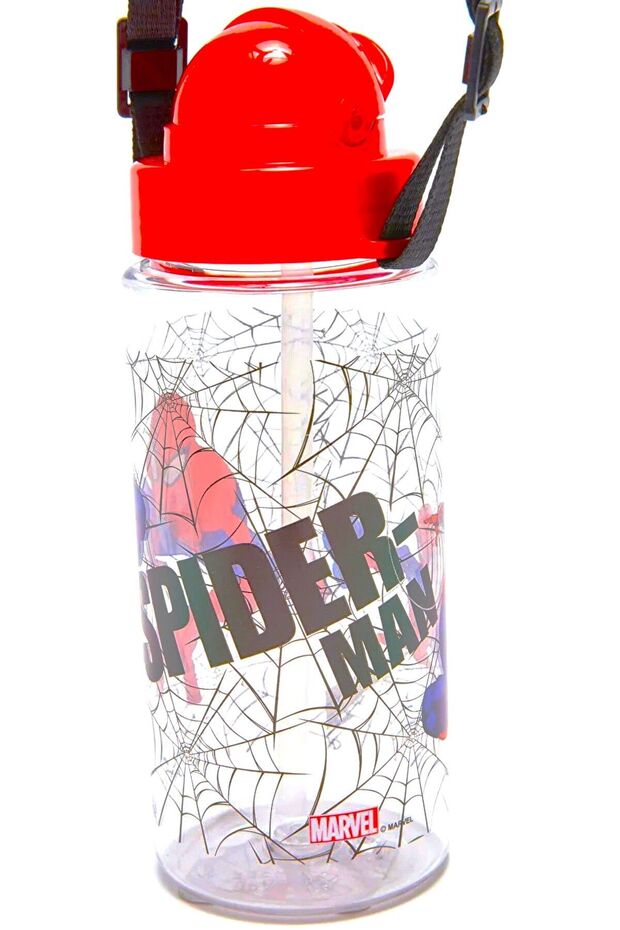 Şeffaf Matara Örümcek Adam Suluğu Spider-Man Matarası 500 ml Suluk Spiderman Resimli Pipetli Askılı - 3