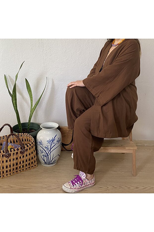 Muslin Set Kimono Trousers Brown
