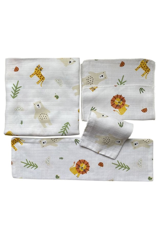 Multi-Purpose Muslin Blanket 100X80Cm and 2 Handkerchiefs 2 Shoulder Cloths Newborn Baby Set 5 Pieces Safari Patterned