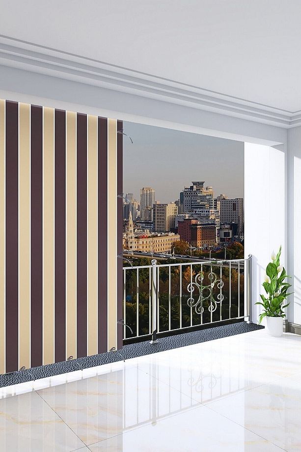 Lüks 1.sınıf Balkon Perdesi Branda Kahve-Krem ÖzelDikim Üst Kornişli Yan Ve Alt Bağcıklı Perde - 2