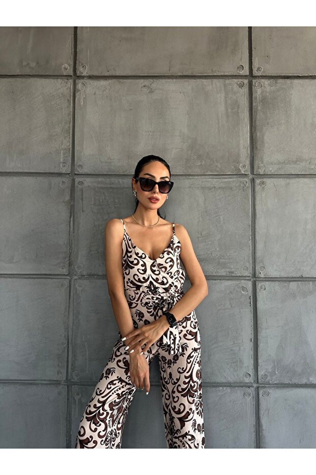 V-Neck Patterned Strappy Jumpsuit - 5