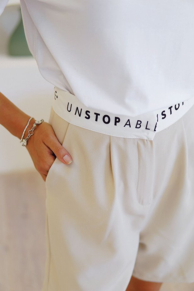Cream High Waist Shorts with Written Waist Detail