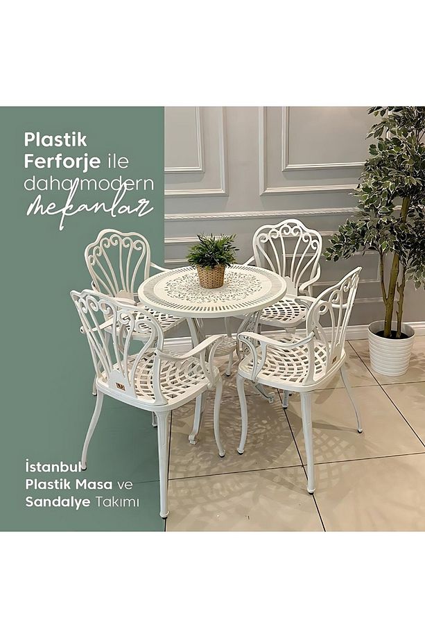 Ferforje Görünümlü Masa Ve Sandalye, Dış Mekanda Kullanılabilir 4 Kişilik Plastik Beyaz Masa Takımı - 5