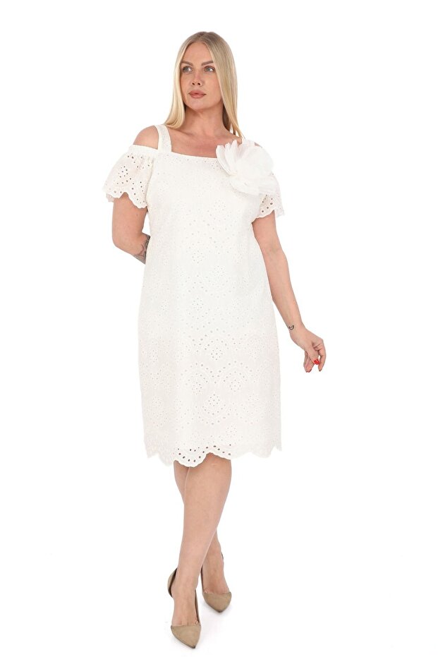 X Modapo Women's Lined Embroidered Voile Fabric White Rose Brooch Midi Plus Size Dress