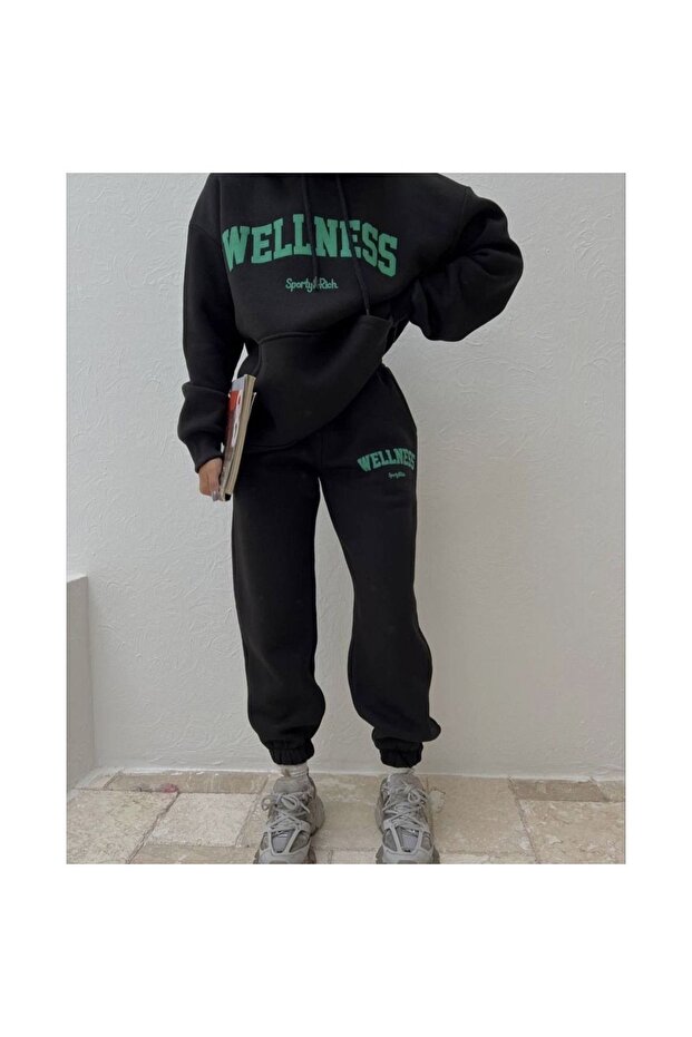 Wellnes Tracksuit Set - Black Printed Suit Jogger Sweatshirt Rubber Leg Hooded